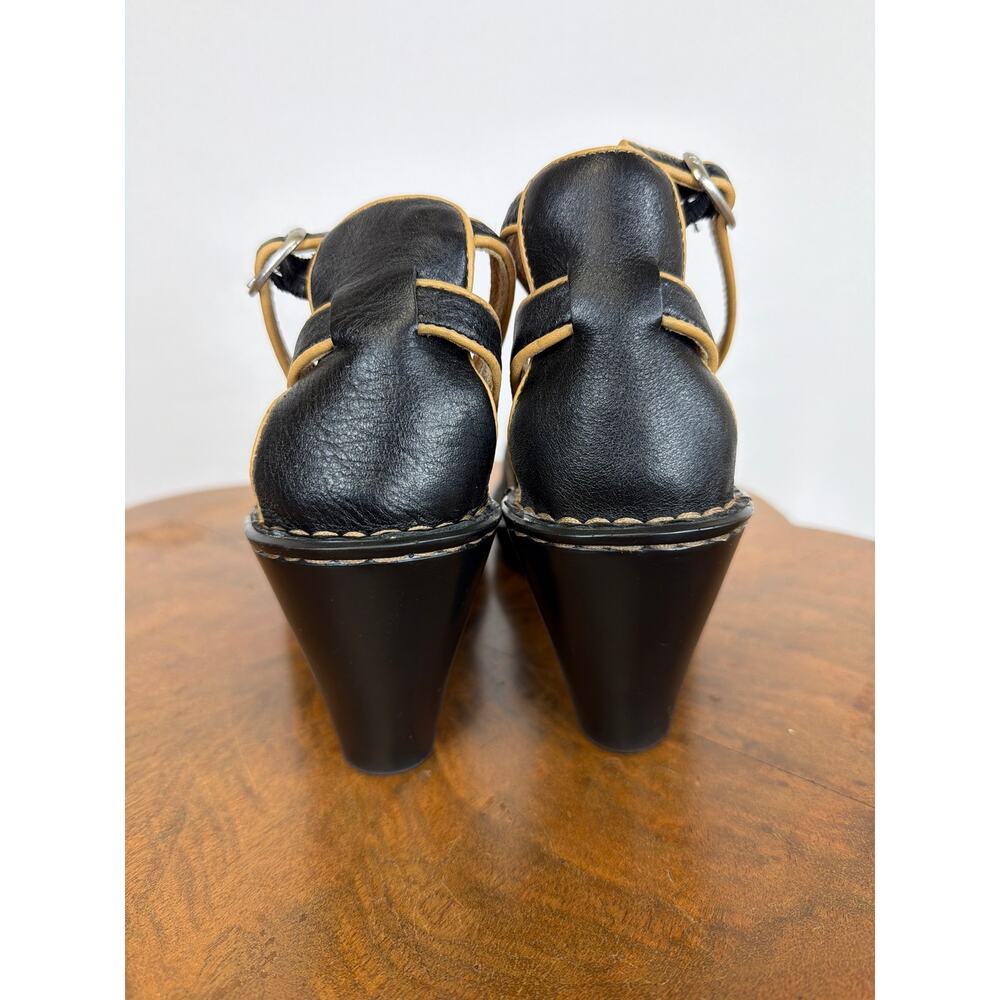 Born Black Leather Peep Toe Sandals Tan Piping Contrast Stitch Heel Size 10 - Picture 4 of 11